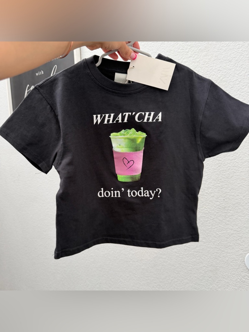 Zara Black Tee with Green & Pink Drink Graphic